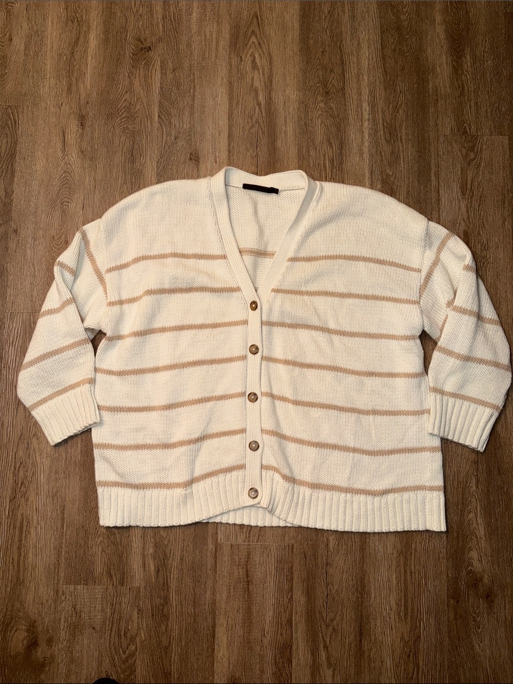 Jenni Kayne Chloe Cardigan Ivory Tan Stripe 100% Cotton Knit Oversized Size L